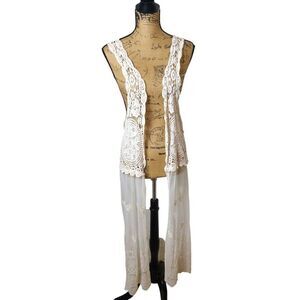 Origami Open Front Duster S/M Boho Sheer White Crochet Sleeveless Cardigan Fairy
